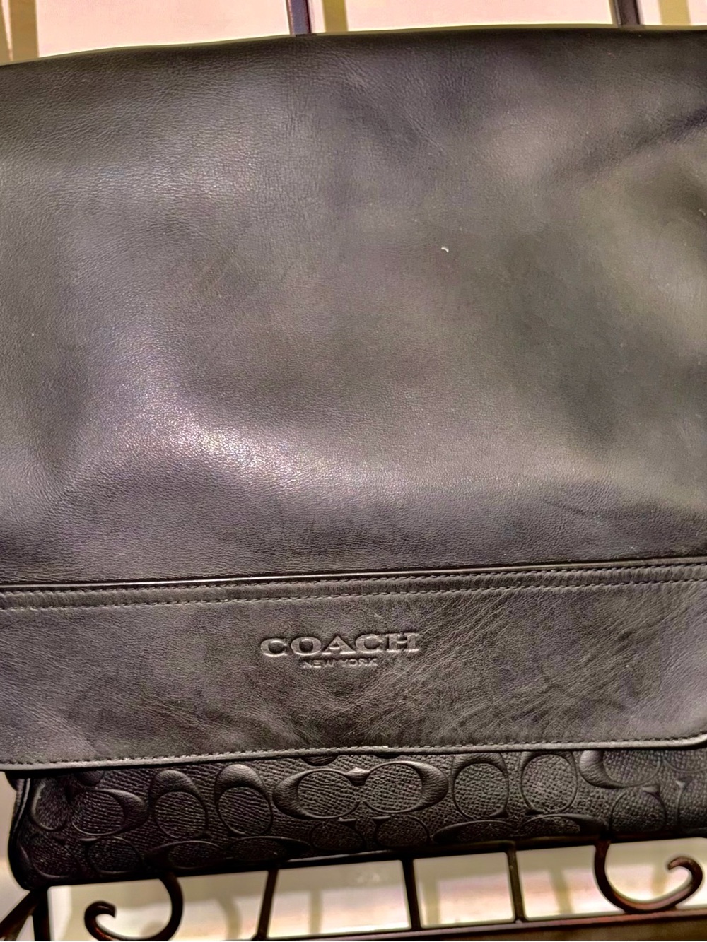 Coach Black Leather & Signature Logo Messenger Bag